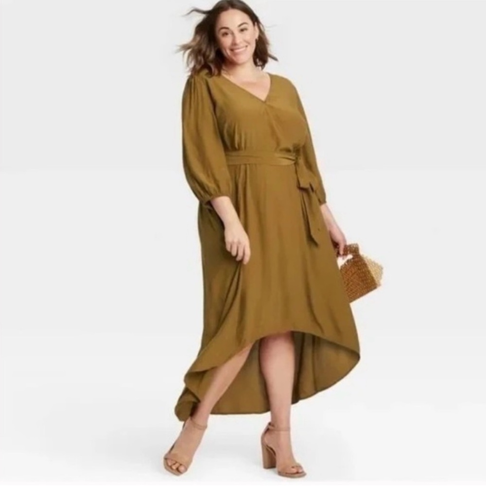 Ava & Viv Caramel Long Sleeve Faux Wrap Belted High Low Midi Dress Size X